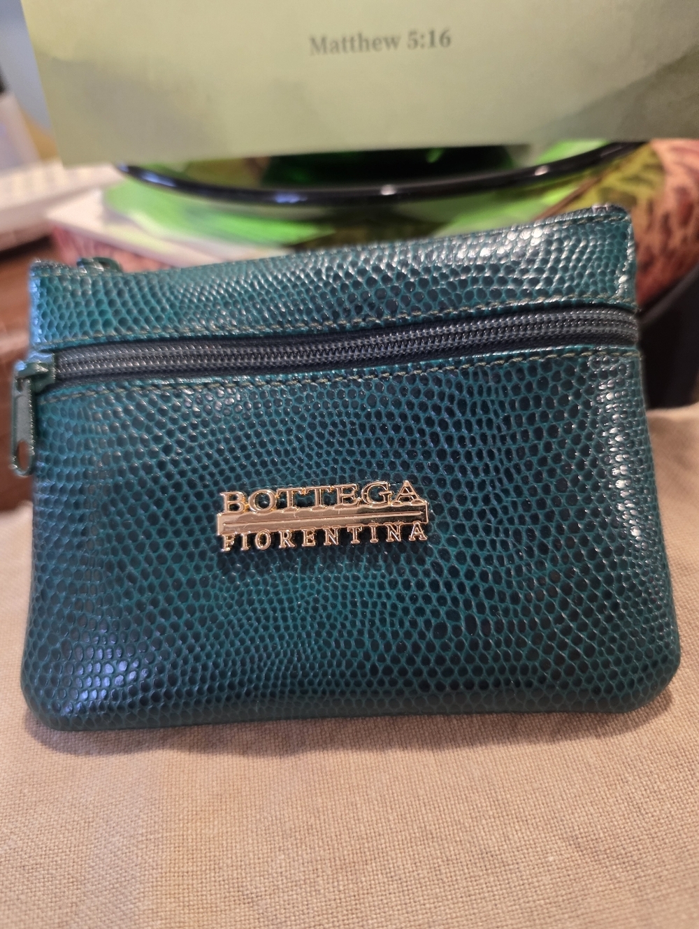 Bottega Fiorentina Emerald Grèen Lizard-Textured Women's Zip Pouch